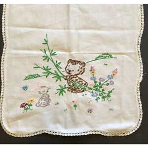 Table Runner Hand Embroidered Bear Rabbit Flowers Lace Edge Vintage Retro